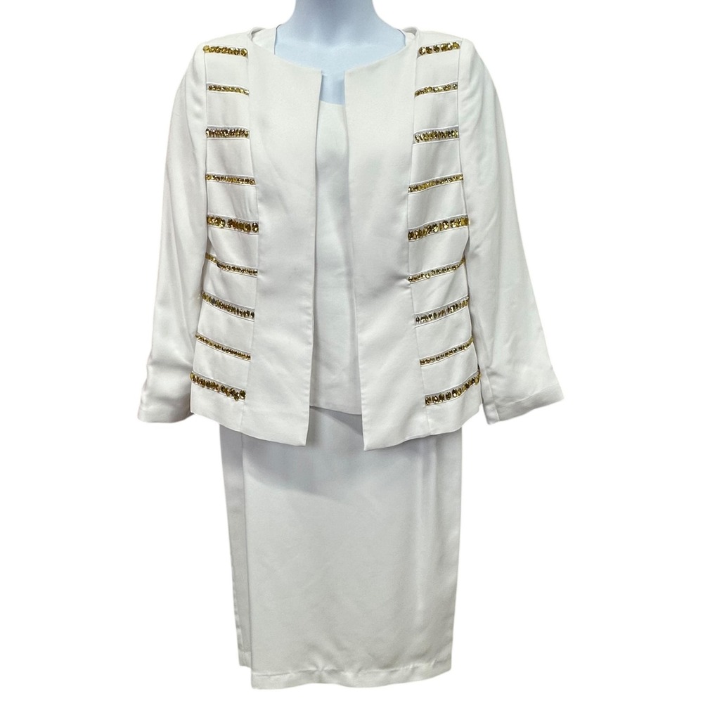 Elite‎ Champagne Skirt Suit Womens 12 White 3 Piece Jacket Shell Beaded Sequin